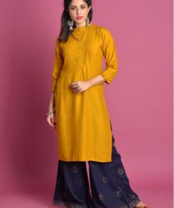 Mustard Cotton Plain Knee Length A Line Style Kurti