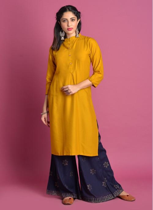 Mustard Cotton Plain Knee Length A Line Style Kurti