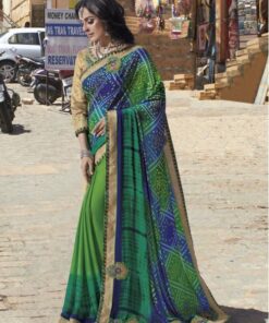 Green Georgette Lace Work Partywear Saree With Unstitched Blouse Material